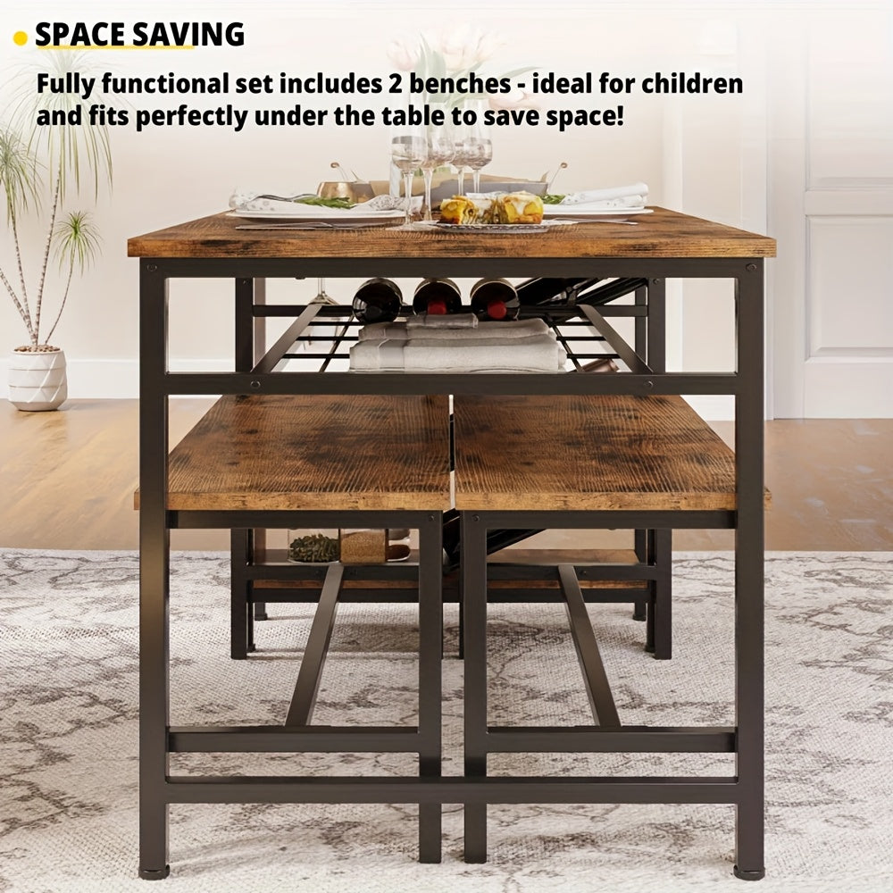 Outdoor Lawn Patio Table Chairs And Stools Set, 3pcs 4-Person Dining Table Set, 47 Inch Kitchen Dining Table With 2 Benches, Wine Rack And Glass Holder For Patio, Lawn, Gardening, Balcony, Etc., Vintage Brown