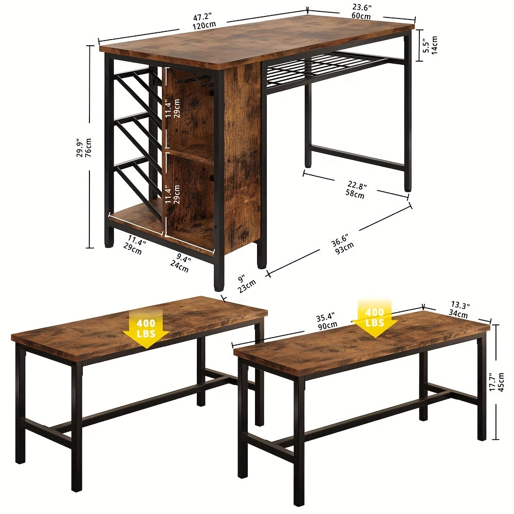Outdoor Lawn Patio Table Chairs And Stools Set, 3pcs 4-Person Dining Table Set, 47 Inch Kitchen Dining Table With 2 Benches, Wine Rack And Glass Holder For Patio, Lawn, Gardening, Balcony, Etc., Vintage Brown
