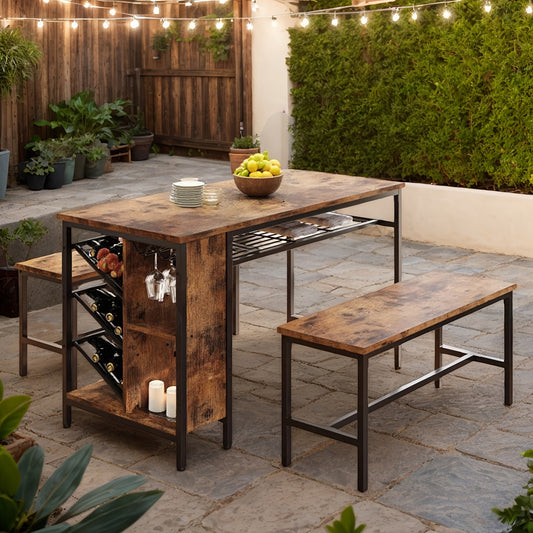 Outdoor Lawn Patio Table Chairs And Stools Set, 3pcs 4-Person Dining Table Set, 47 Inch Kitchen Dining Table With 2 Benches, Wine Rack And Glass Holder For Patio, Lawn, Gardening, Balcony, Etc., Vintage Brown