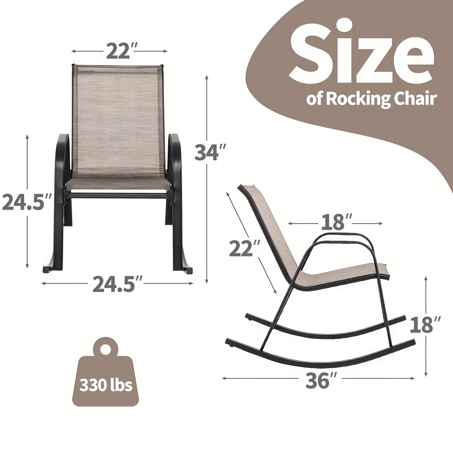 Patio Rockers Seat of 2 w/ Breathable Seat & Back, Heavy-Duty Metal Support,