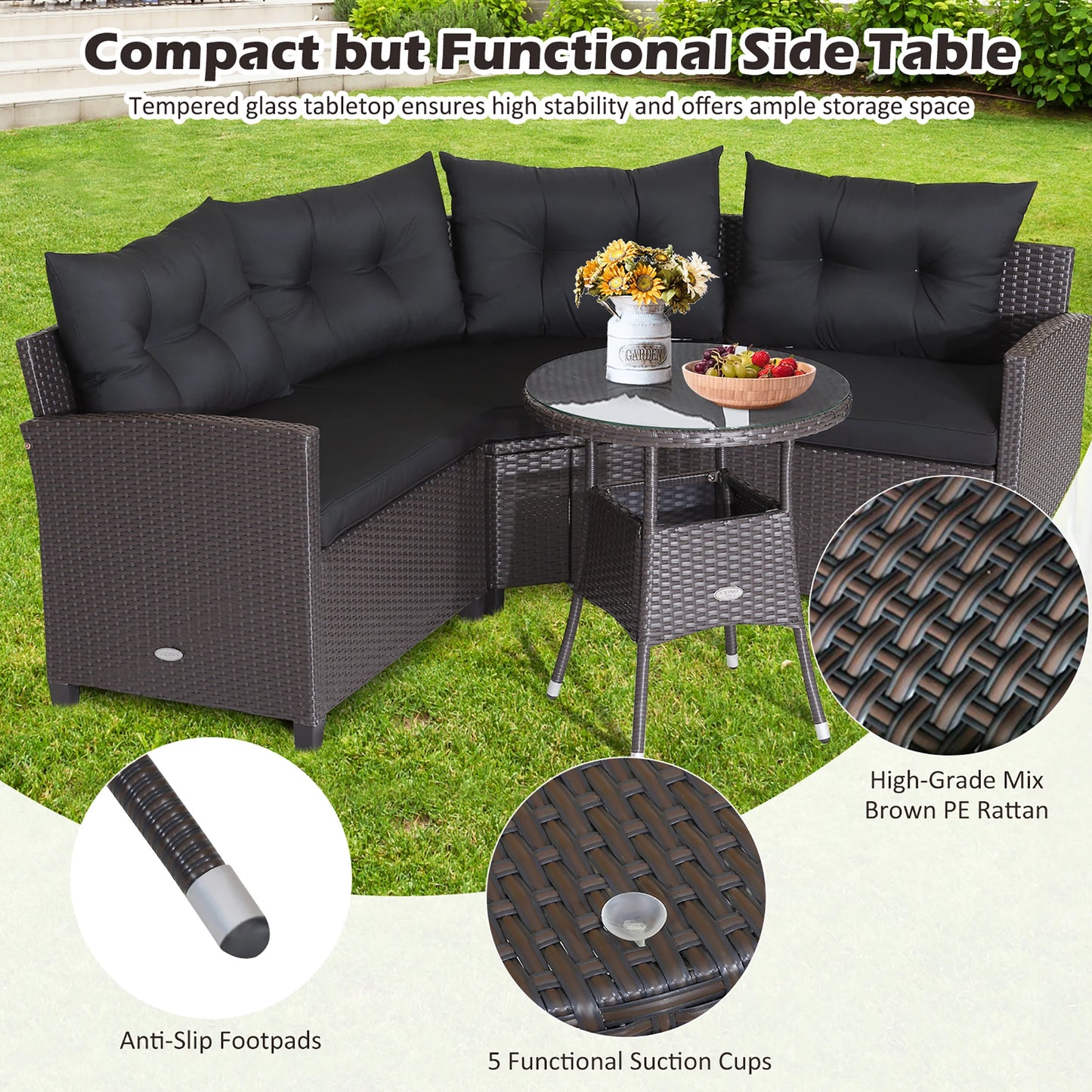 4PCS Patio Rattan Furniture Set Cushioned Sofa Glass Table Garden Black