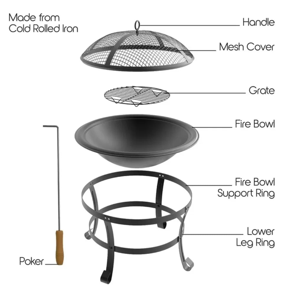 19" Wood-burning Fire Pit with Wire Mesh and Cover f