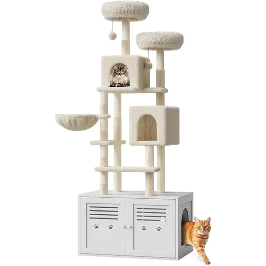 Hign-concerned 2-in-1 Modern Cat Tree with Litter Box Enclosure