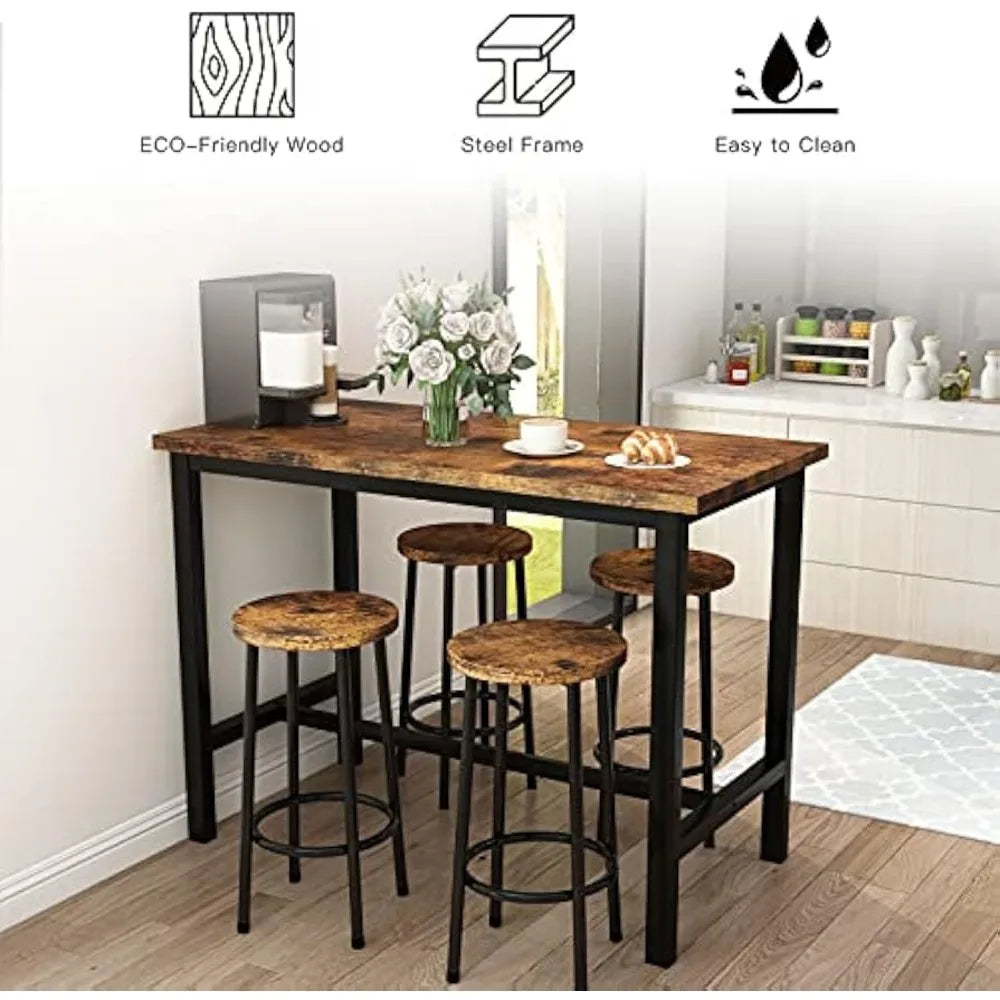 Table Set for 4 Bar with Stools Industrial Counter Height