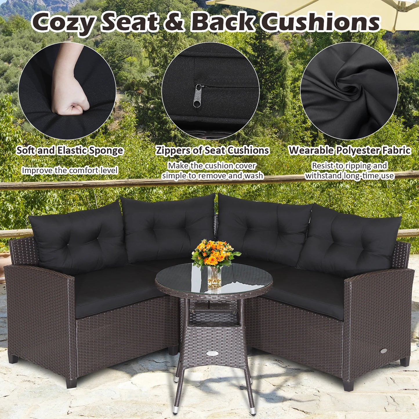 4PCS Patio Rattan Furniture Set Cushioned Sofa Glass Table Garden Black