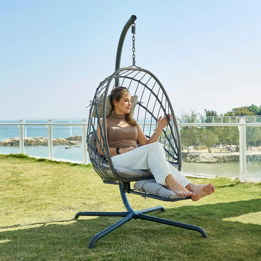 Hanging Egg Chair with Stand and Leg Rest, UV-Resistant Cushion,