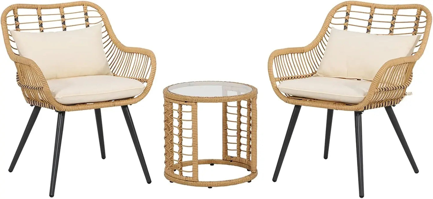 3 Piece Outdoor Patio Furniture Wicker Chairs Set with Round Side Table