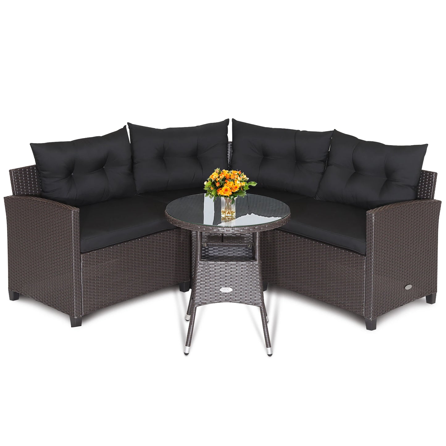 4PCS Patio Rattan Furniture Set Cushioned Sofa Glass Table Garden Black