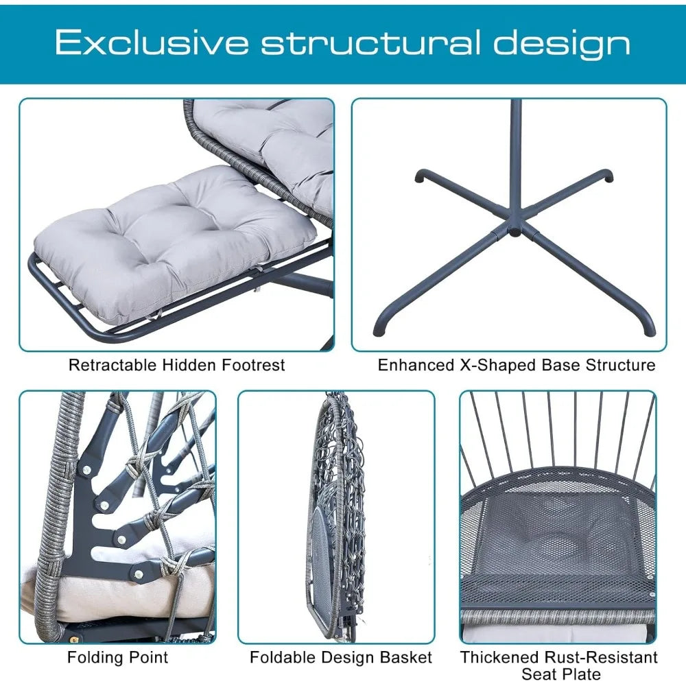 Hanging Egg Chair with Stand and Leg Rest, UV-Resistant Cushion,