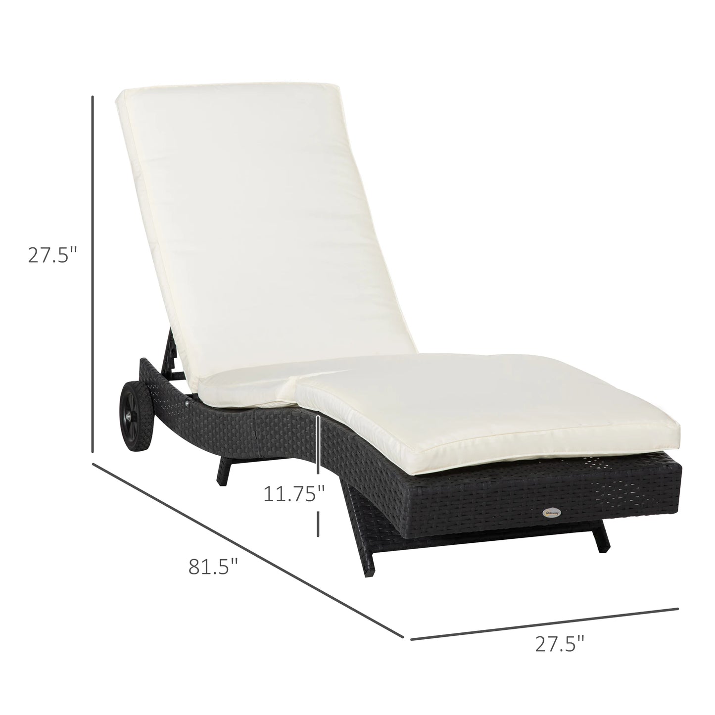 Outdoor Reclining Lounge Chair, Pe Wicker, Rolling Wheels, Patio, Off-White