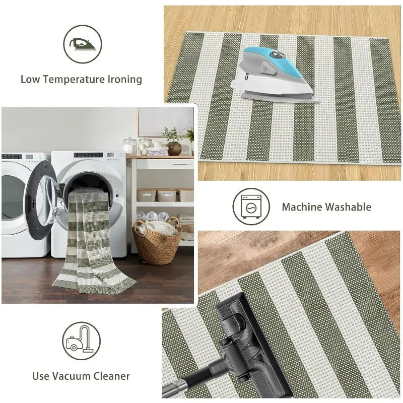 Green and White Striped Outdoor Rug 5x7