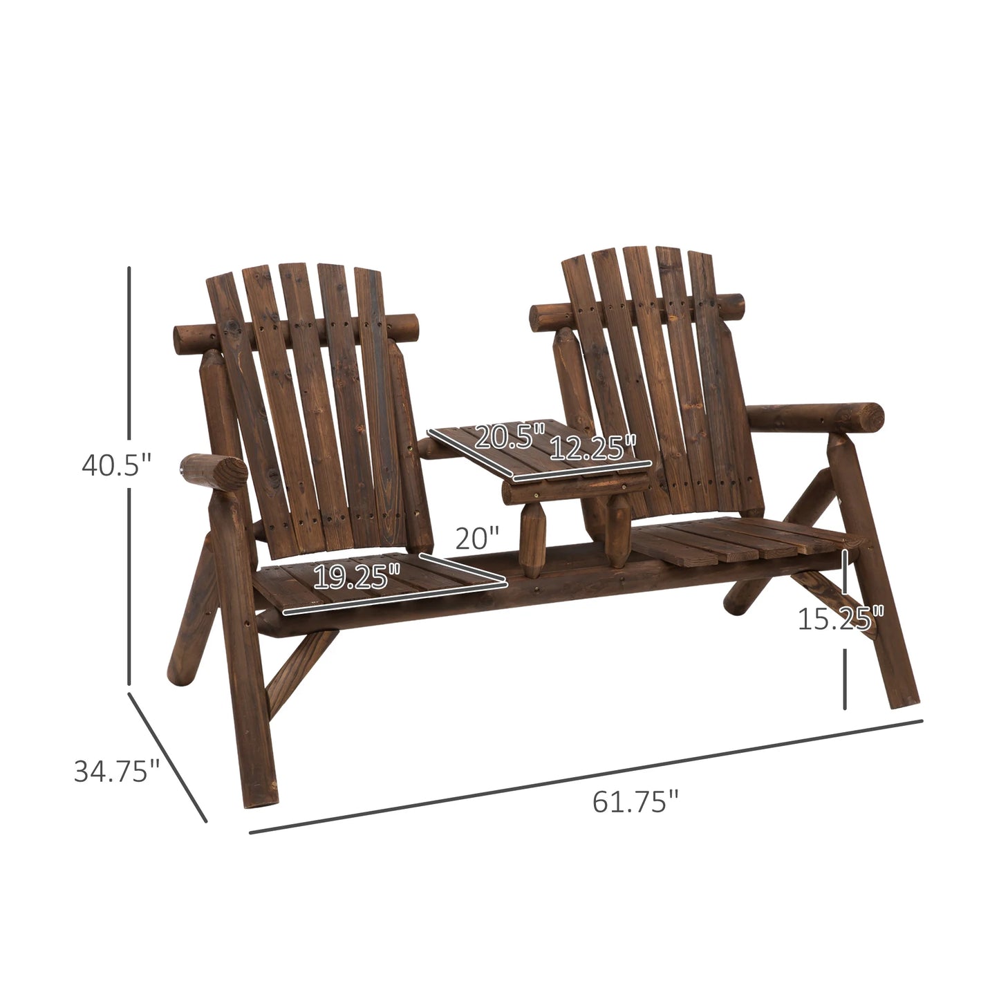 Outdoor Patio Adirondack Double Bench with Center Table, Carbonized