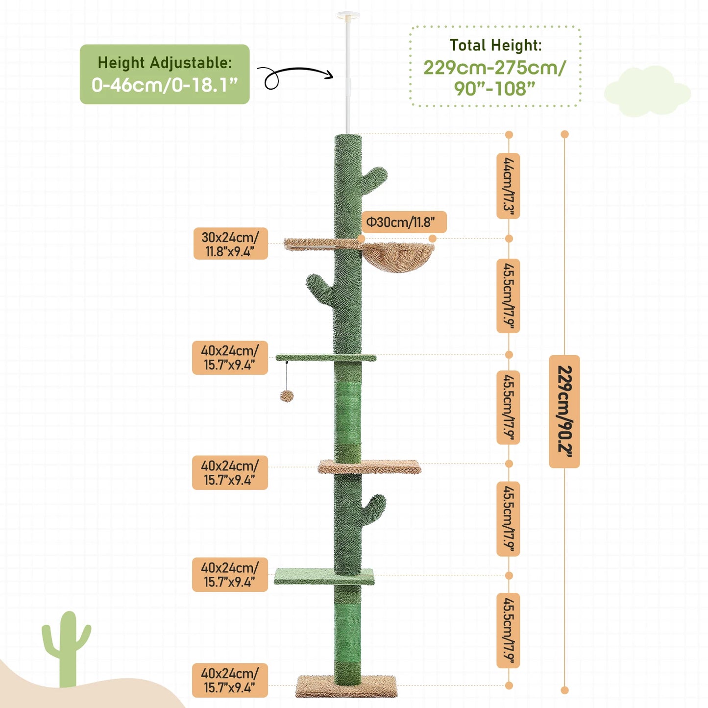 5-Tier Floor to Ceiling Cat Tower Cactus Tall Climbing Tree