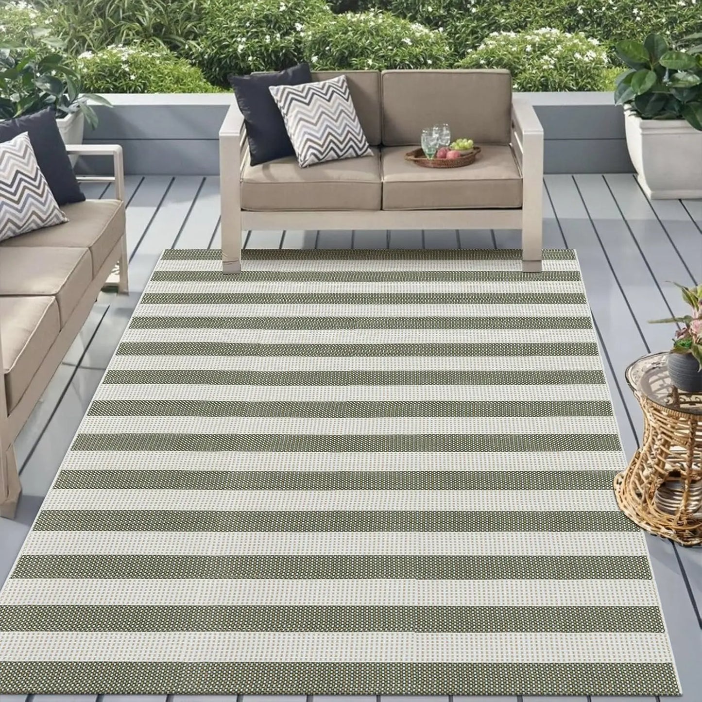 Green and White Striped Outdoor Rug 5x7