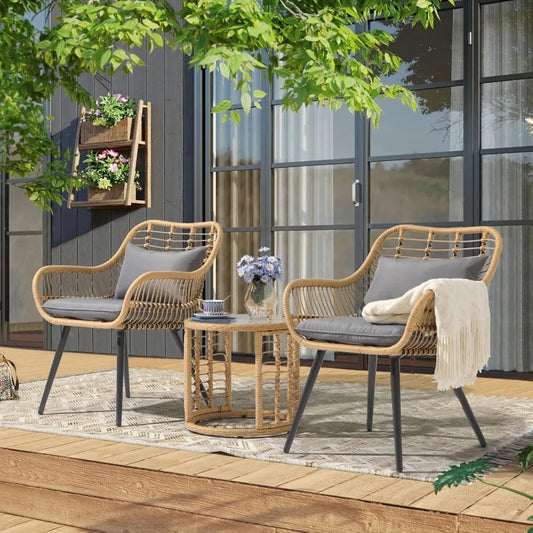 3 Piece Outdoor Patio Furniture Wicker Chairs Set with Round Side Table