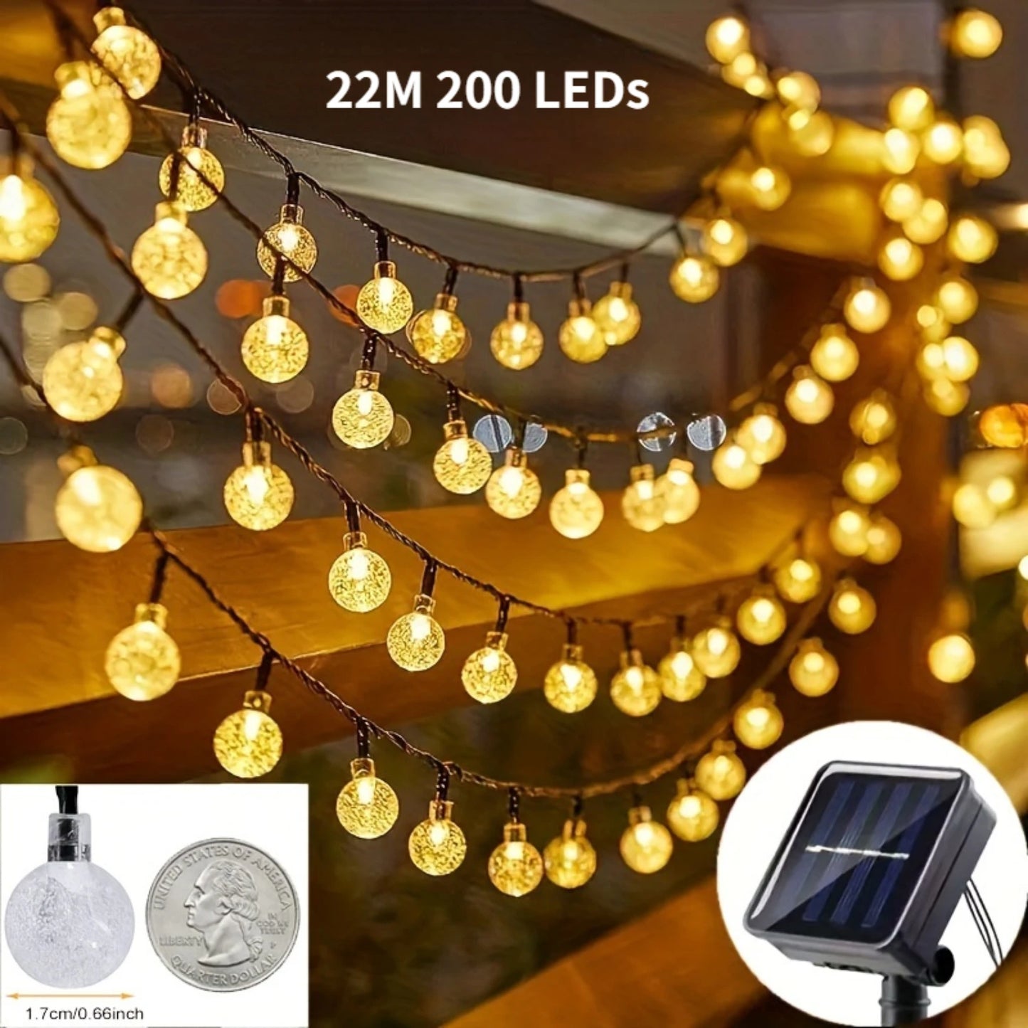 22M 200 LED Solar Bubble Ball String Lights Outdoor Waterproof 8 Modes