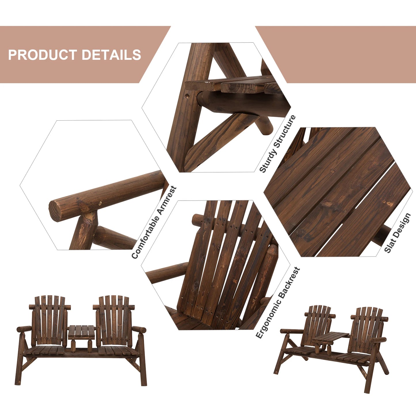 Outdoor Patio Adirondack Double Bench with Center Table, Carbonized