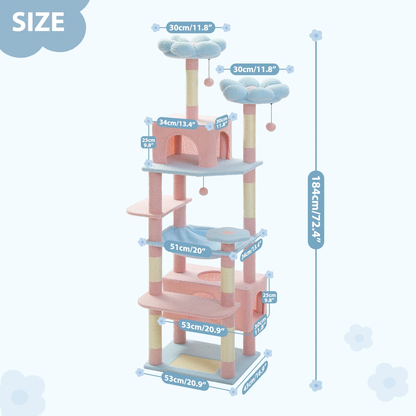 PETEPELA 184cm Cat Tree Tower with Hammock and Scratching Posts