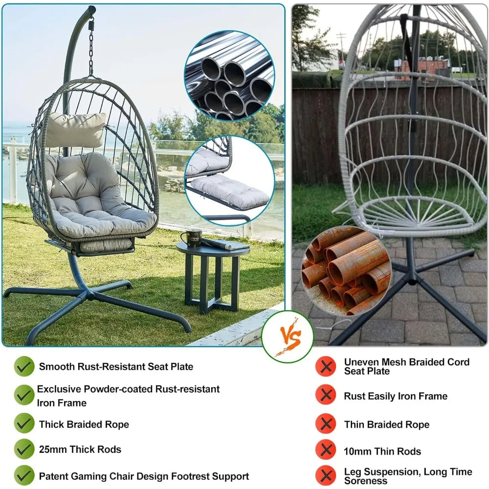 Hanging Egg Chair with Stand and Leg Rest, UV-Resistant Cushion,