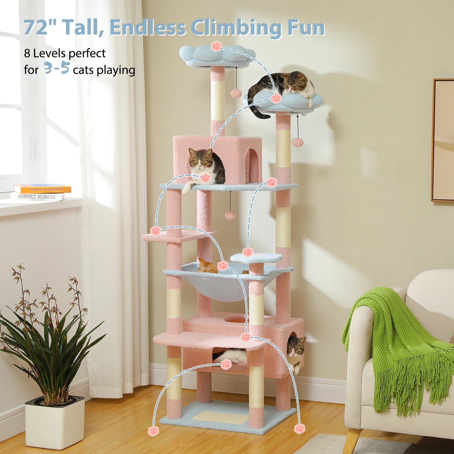 PETEPELA 184cm Cat Tree Tower with Hammock and Scratching Posts