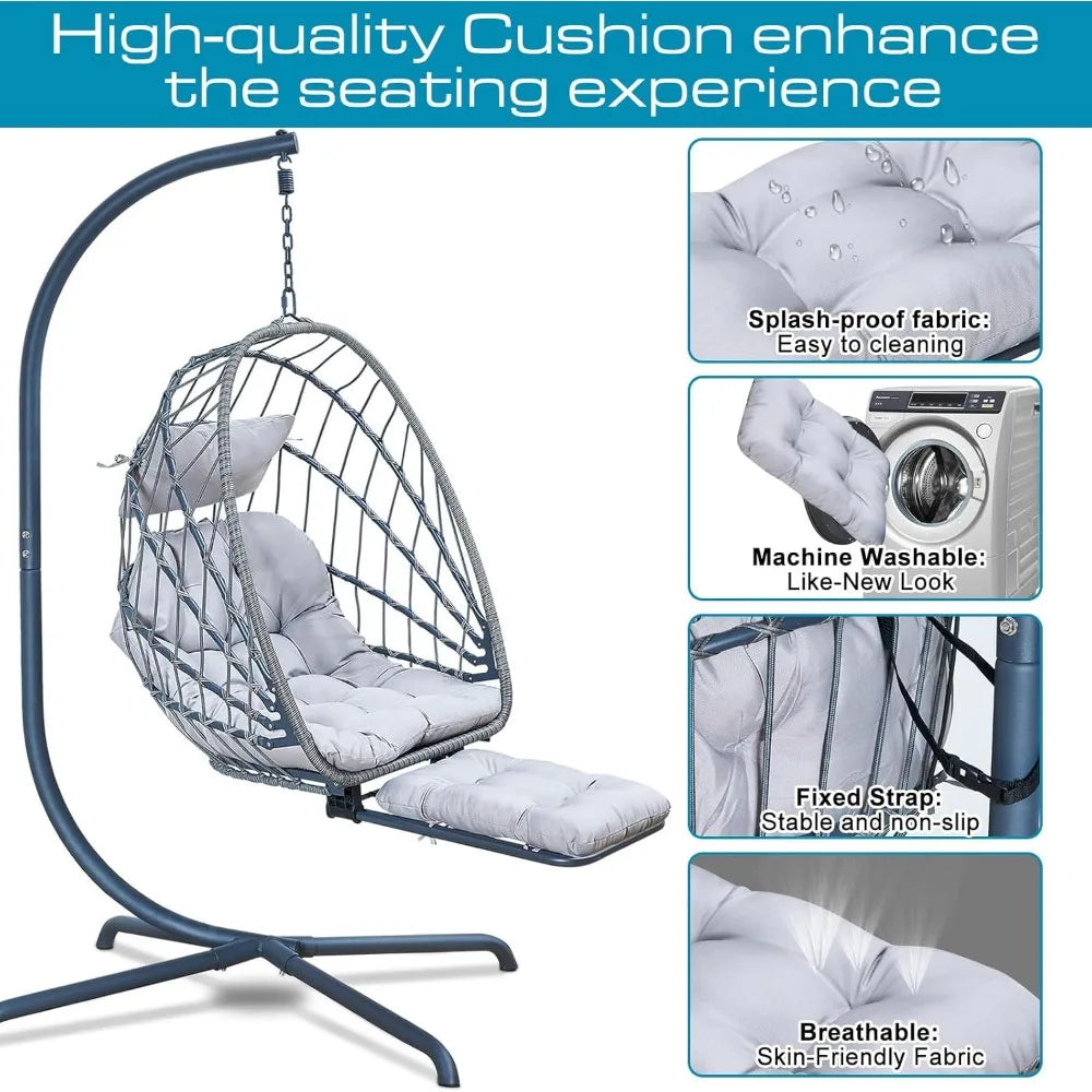 Hanging Egg Chair with Stand and Leg Rest, UV-Resistant Cushion,