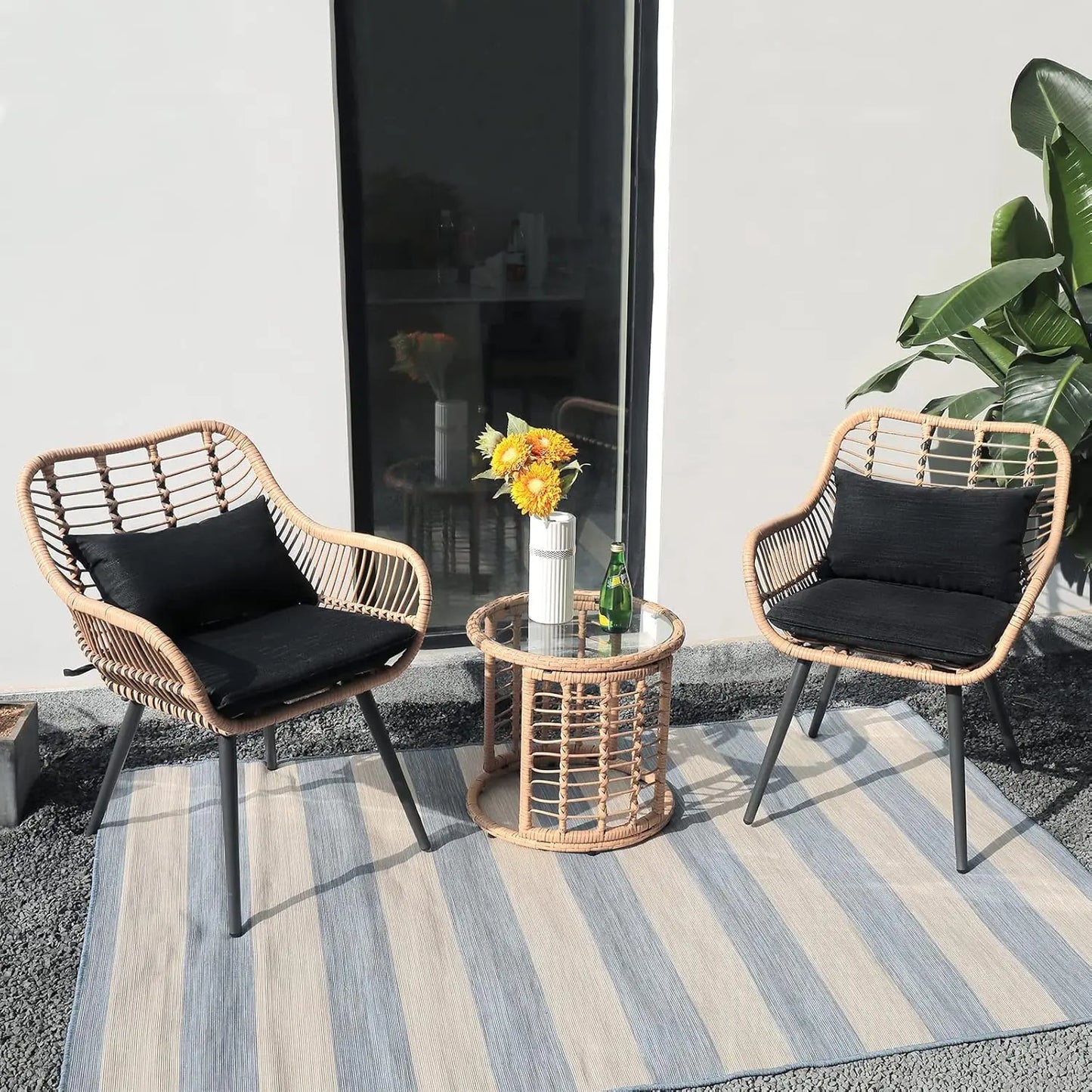3 Piece Outdoor Patio Furniture Wicker Chairs Set with Round Side Table
