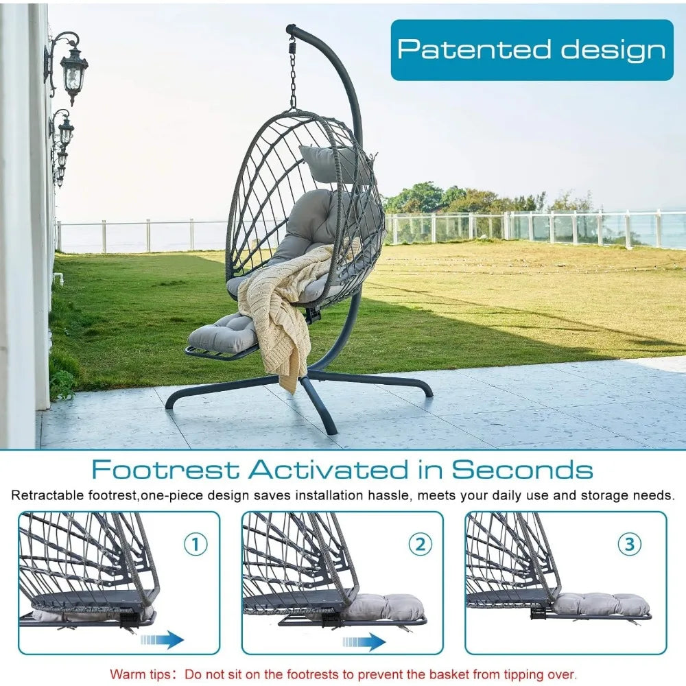 Hanging Egg Chair with Stand and Leg Rest, UV-Resistant Cushion,