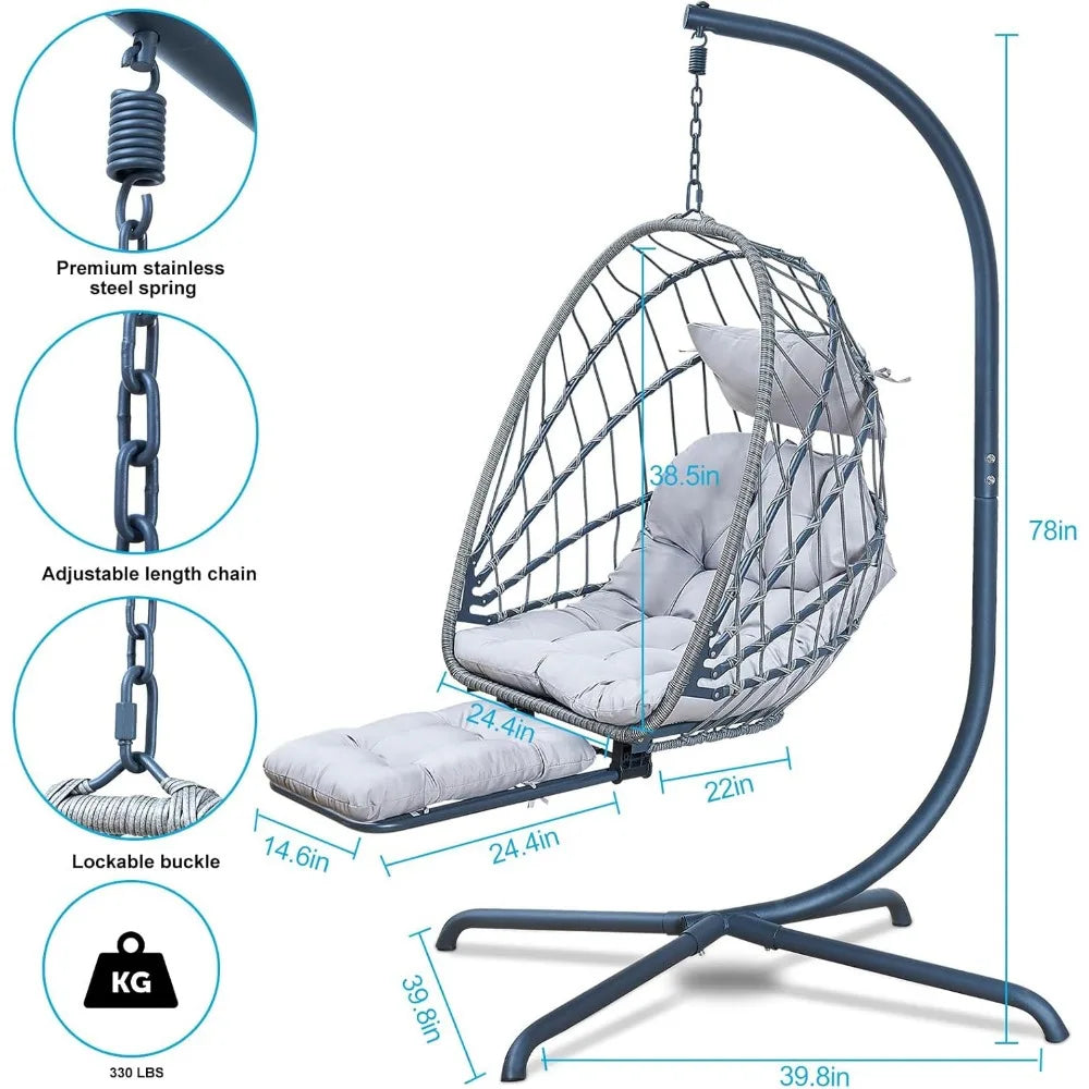 Hanging Egg Chair with Stand and Leg Rest, UV-Resistant Cushion,